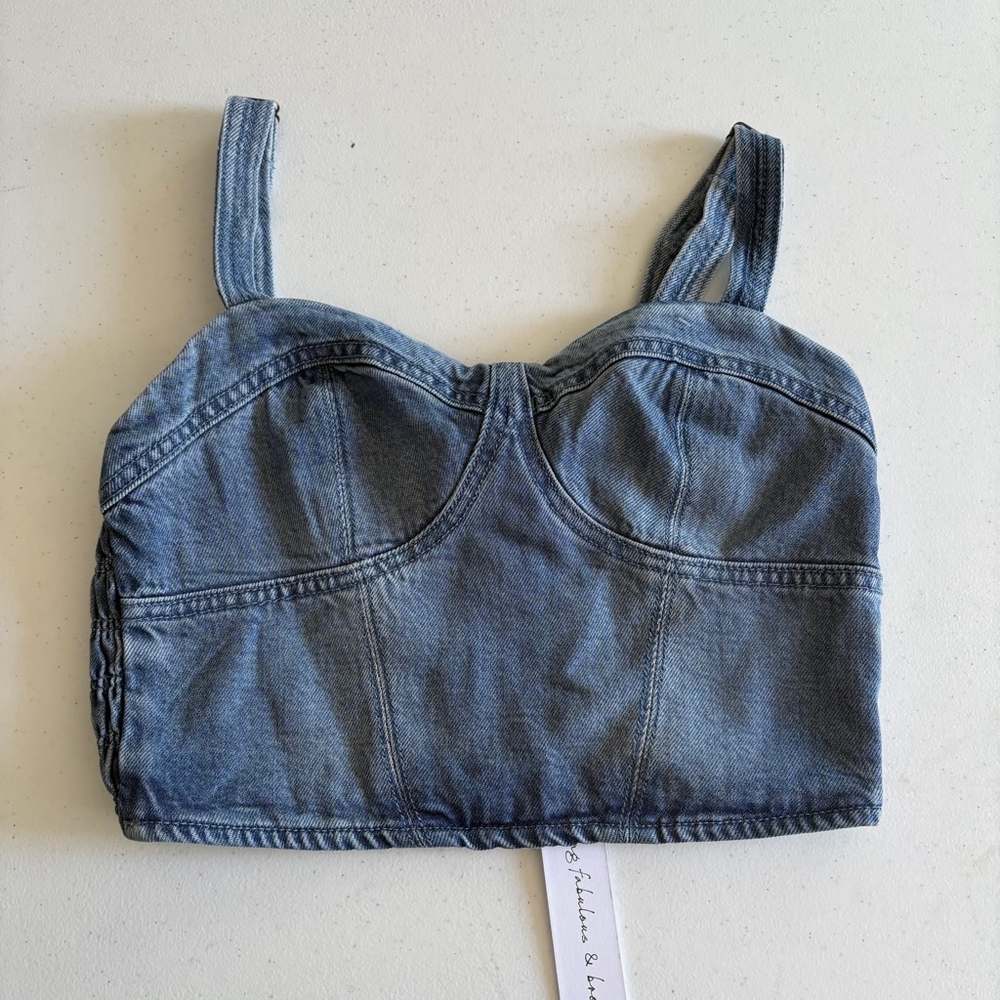 Young & Fabulous & Broke Denim bustier Crop Top, Size S, Blue smocked zipper